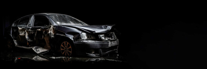 Car accident, broken damaged body metal. Life insurance, technology. Black car black background. AI generated. - obrazy, fototapety, plakaty