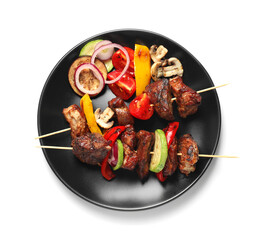 Delicious shish kebabs with vegetables isolated on white, top view