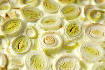 Tasty leek pie as background, closeup view