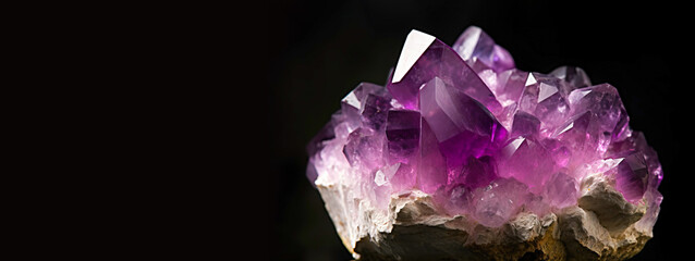 Fototapeta premium Amethyst is a rare precious natural geological stone on a gradient background in a low key, isolate. AI generated.