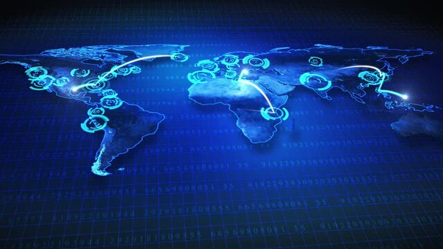 Animated computer map of the world and travel. Spots on the map lighting up in select locations to highlight trade routes