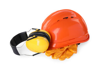 Hard hat, earmuffs and gloves isolated on white. Safety equipment - obrazy, fototapety, plakaty