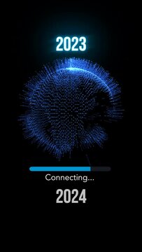 2024 year futuristic new neon symbol abstract digital concept. Global network and cyber technology background seamless and looped 3d animation. 9:16