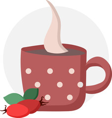 Cup of rosehip tea. Hot herbal drink. Mug with circles. Dog-rose fruit. Red berries. Traditional medicine, therapeutic drink. Side view. Isolated. Color image. Vector illustration