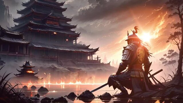 Samurai warrior wearing full plate armor. Kneel on battlefield ground. Background of burning temple. Ancient japan war. Loop animation video