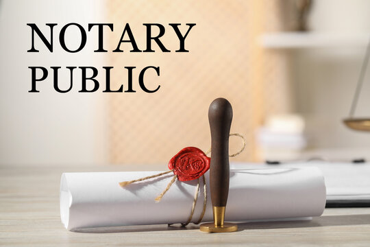 Public notary. Document with wax stamp on wooden table