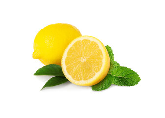 Fresh lemons and green mint isolated on white
