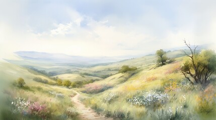Fototapeta na wymiar Tranquil Pastoral Landscape, Soft Watercolor Meadows, Gentle Spring Morning Light, Peaceful Nature Scenery