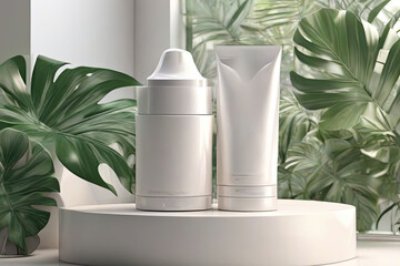 3D whitening cream package on white stand with natural light  tropical plants Cosmetic ad illustration 