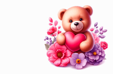 Cute teddy bear with pink heart and flowers on white background