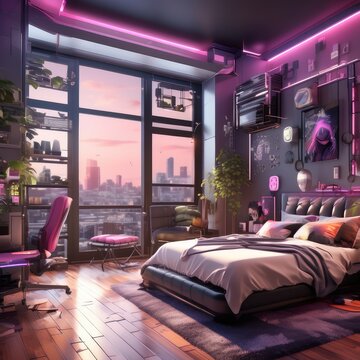 The interior of the apartment of the girl of the future. The concept of youth 2040-2077