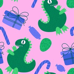 Christmas tree seamless dragon and gift box and balls and penguin pattern for wrapping paper and fabrics