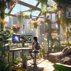 Fototapeta na wymiar A girl at home where there is a lot of fresh vegetation, an apartment of the future. The Green City concept 2040-2077