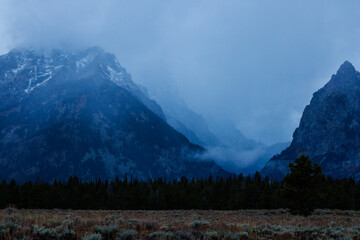 Cascade Canyon on a foggy morning in Grand Teton National Park during fall
