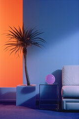 Palm Tree Paradise: Classy 1980s Interior with Comfy Sofa. Generative AI