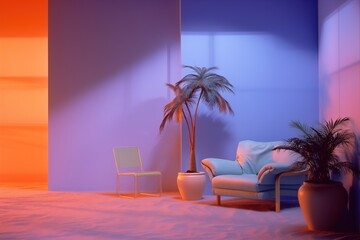 Vintage Vibe: 1980s Miami Apartment with Indoor Palm Tree. Generative AI