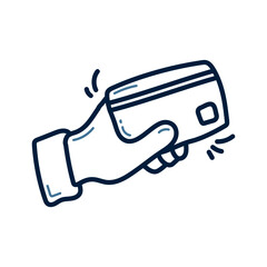Hand drawn hand holding credit card doodle line illustration. Hand holding credit card doodle icon vector.