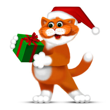 Character cartoon red cat in a red hat and gift. Raster image. Without a background.