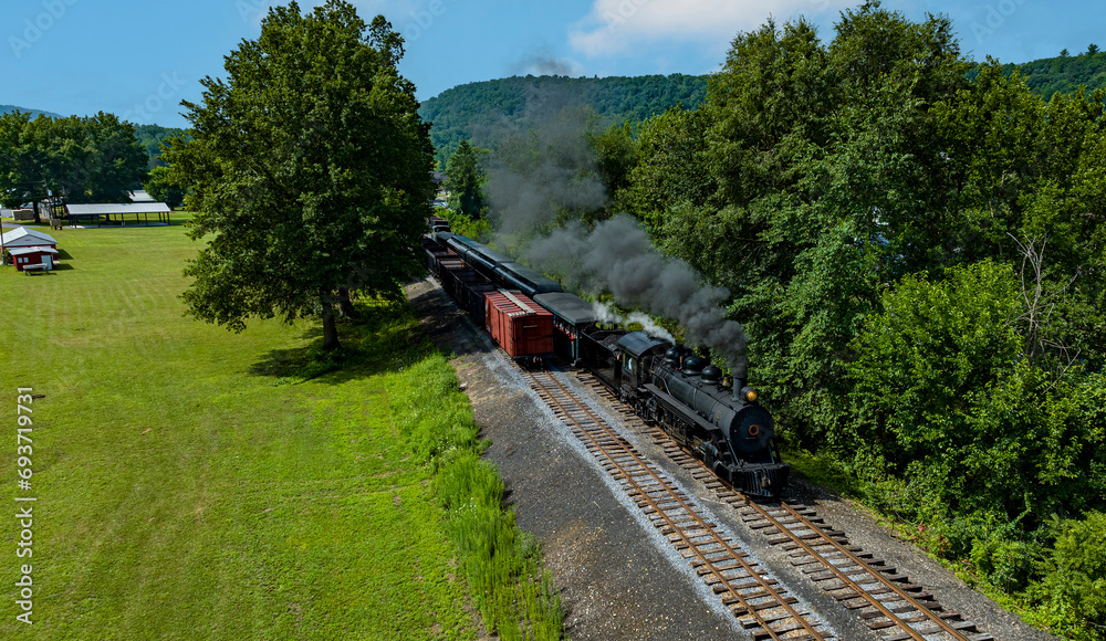 Wall mural An Aerial View of a Narrow Gauge Steam Passenger Train, Approaching Traveling Thru Countryside, Blowing Smoke, on a Sunny Summer Day - Wall murals