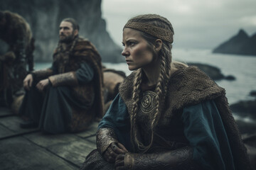 Vikings, Varangians early medieval Scandinavian seafarers in 8th and 11th centuries who made sea voyages. Swedish, Norwegian Danish. Covenanters, Assault. Occupiers Scandinavia Nordic. - obrazy, fototapety, plakaty