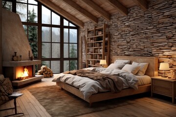 Modern luxury and calming chalet bedroom with comfortable large bed, fireplace and panoramic window. Country style room in cottage or hotel - obrazy, fototapety, plakaty