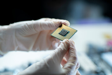 a scientific research in the laboratory, new cpu chip test and development