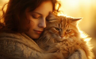 A woman is hugging a cat in a blanket. Generative AI.