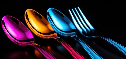 Four colorful forks and a spoon on a black background. Generative AI.