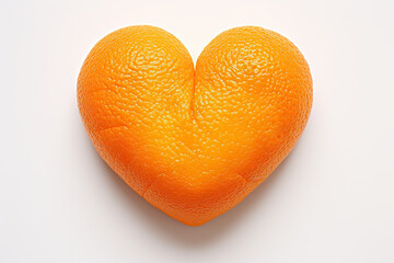 An orange fruit sculpted into the shape of a heart symbol, placed on a pure white background with...