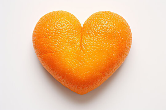 An orange fruit sculpted into the shape of a heart symbol, placed on a pure white background with copy space.