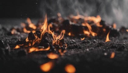 Close-up of burning coals on black background with copy space