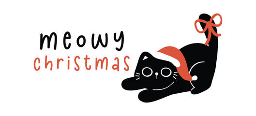 Cute Christmas Black Cat, merry catmas, humour greeting card, Funny and Playful Cartoon Illustration.
