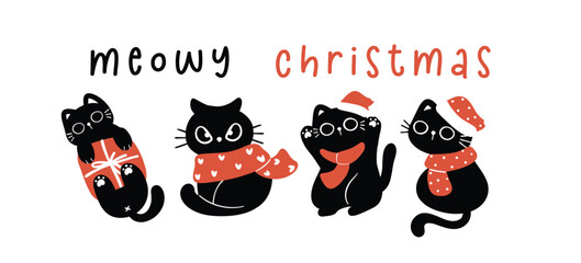 Cute Christmas Black Cat, humor greeting card banner, Funny and Playful Cartoon Illustration. - obrazy, fototapety, plakaty
