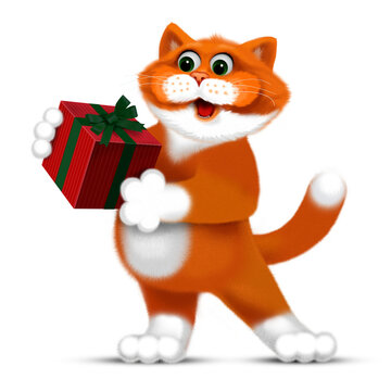 Character cartoon red cat and gift. Raster image. Without a background.