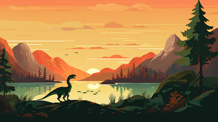 cartoon dinosaur art, landscape scenery background