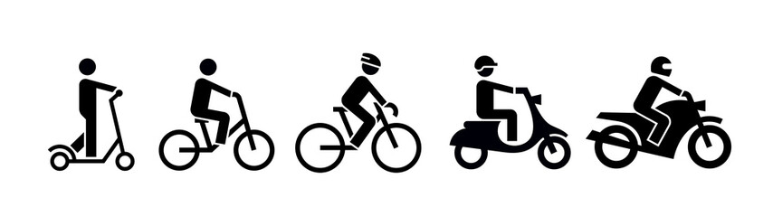 Two wheeled vehicles and riders icon set. Kick scooter, bicycles, motorcycles. - obrazy, fototapety, plakaty