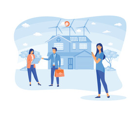 Eco House Concept with Real Estate Agents Presents Modern Homes to Clients. Ecology of Green Energy, Solar and Wind Power. flat vector modern illustration 