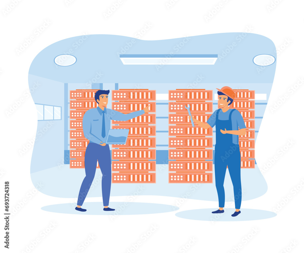Poster data center services concept. service engineers administrators set up data centers. setting process.