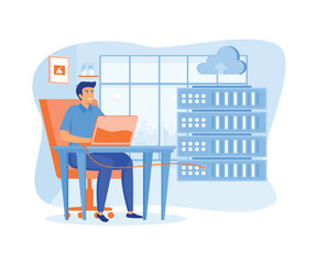 Data server web concept. Technician works in server room racks. Cloud storage technology, database.  flat vector modern illustration 
