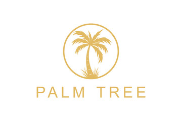 Golden Palm coconut plant tree logo on the beach at sunset. Nature outdoor icon illustration.