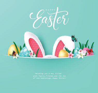 Happy easter greeting text vector template. Happy easter greeting card with bunny ears and cute eggs decoration elements for seasonal celebration background. Vector illustration easter greeting card.
