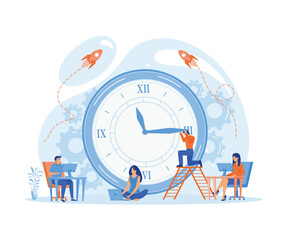 Fototapeta na wymiar Time management, control. Businessman run along gear in form of clock. Organization of process. flat vector modern illustration 