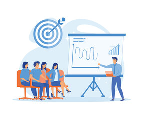 Business seminar speakers conduct professional presentations and training on marketing, sales and e-commerce. flat vector modern illustration  - obrazy, fototapety, plakaty