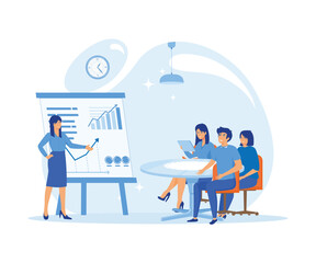 Business seminar, presentation or conference. Coach speaker addresses the audience. flat vector modern illustration 