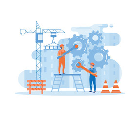 Pairs of workers turn the gears of the teamwork process in the overall improvement mechanism. flat vector modern illustration 
