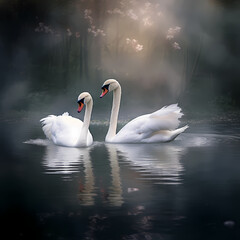 Majestic swans gracefully gliding across the glassy surface of a pond