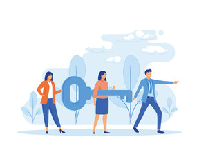 Teamwork concept. Businessman and entrepreneur go to door with key. flat vector modern illustration 