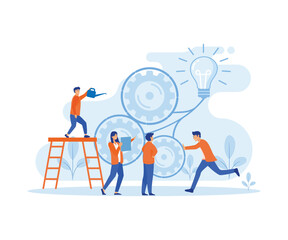  Teamwork on finding new ideas, little people launch a mechanism, search for new solutions.flat vector modern illustration 