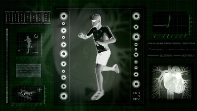 Future technology medical testing of a sportsman running. Loop animation of a man running in place on a computer screen