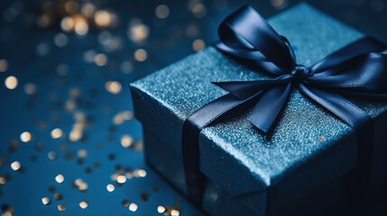 Gift box on dark blue background. Christmas, birthday, Fathers Day concept